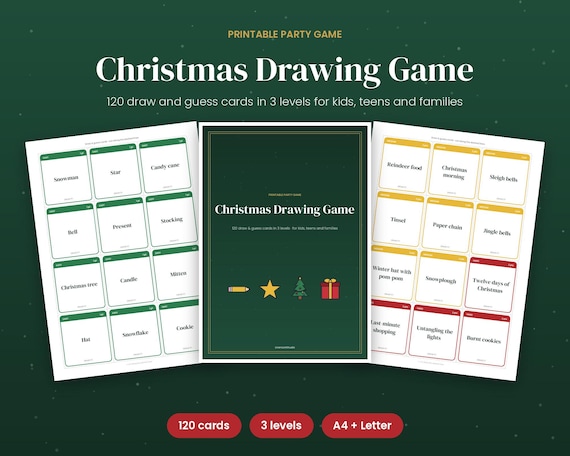 Christmas Drawing Game, 120 Draw & Guess Cards, Printable Holiday Party Game for Kids, Teens and Family Game Night