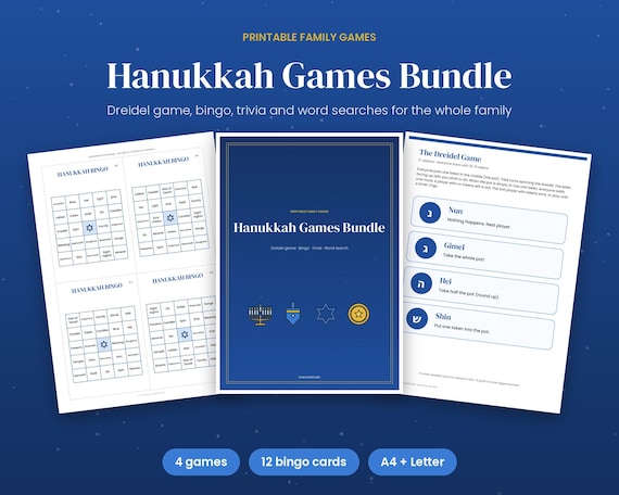 Hanukkah Games Bundle, Printable Dreidel Game, Hanukkah Bingo, Trivia & Word Search, Chanukah Family Party Activities for Kids