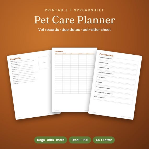 Pet Care Planner & Vet Record Tracker, Printable PDF + Spreadsheet, Pet Planner, Dog Planner, Cat Planner, Pet Health Record, Pet Binder