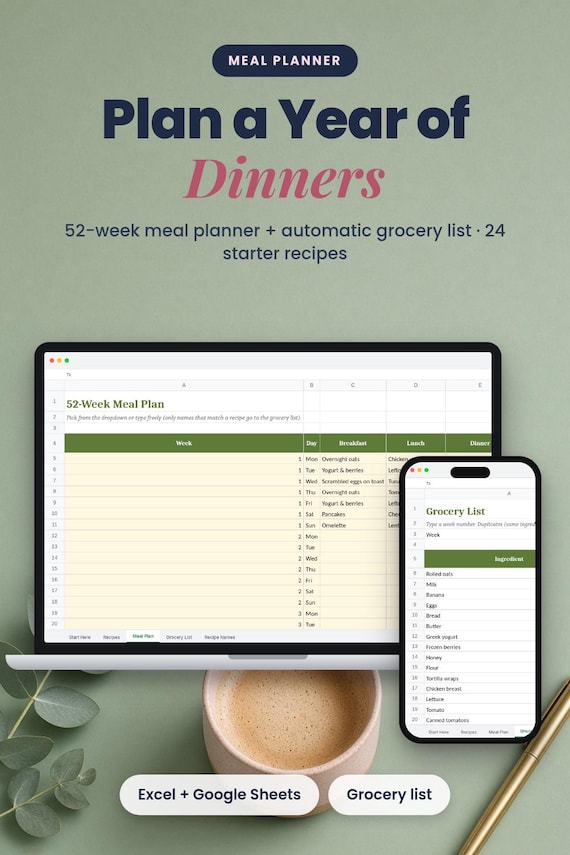 52-Week Meal Planner Spreadsheet, Auto Grocery List + Recipes, Weekly Meal Plan, Meal Prep, Google Sheets Meal Planner, Budget Meals