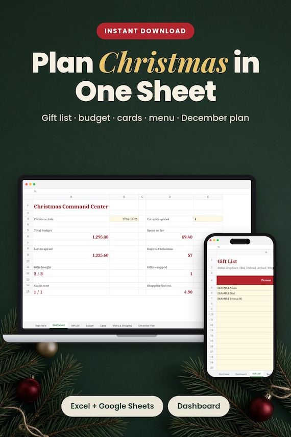 Christmas Planner Spreadsheet, Gift List, Budget & Menu Organizer, Christmas Gift List, Christmas Budget, Holiday Planner, Holiday Organizer