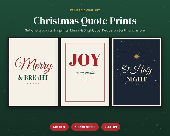 Christmas Quote Prints, Merry and Bright Typography Wall Art Set of 6, Printable Holiday Signs, Christmas Mantel Decor