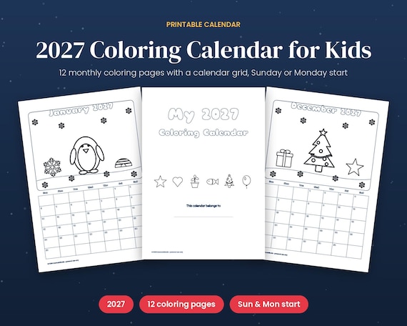 2027 Coloring Calendar for Kids, Printable Color Your Own Calendar, 12 Monthly Coloring Pages, Gift for Grandparents