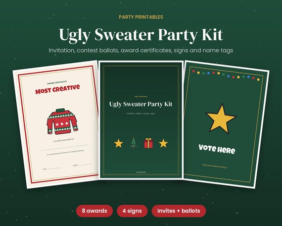 Ugly Sweater Party Kit, Printable Invitation, Contest Ballots, Award Certificates & Signs, Tacky Christmas Sweater Party Decor