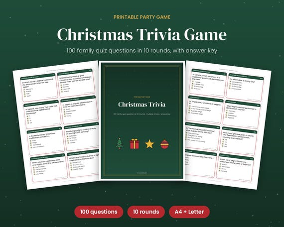 Christmas Trivia Game, 100 Family Christmas Quiz Questions, Printable Holiday Party Game for Kids & Adults, Multiple Choice + Answer Key