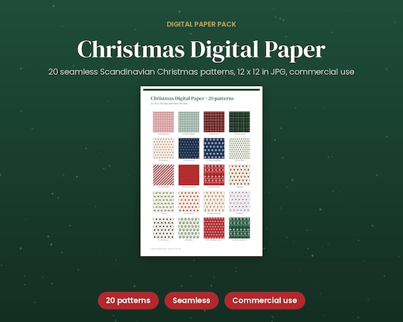 Christmas Digital Paper, 20 Seamless Scandinavian Patterns, Printable Gift Wrap Paper, Commercial Use JPG 12x12
