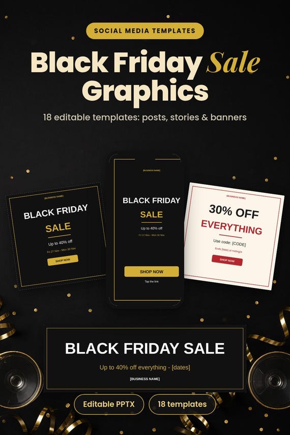 Black Friday Sale Graphics, 18 Editable Social Templates (PPTX), Black Friday Templates, Instagram Post Template, Cyber Monday