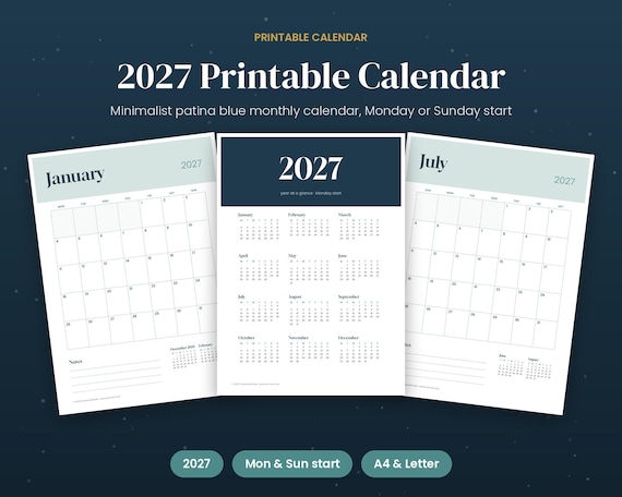 2027 Printable Calendar, Minimalist Monthly Wall Calendar, Patina Blue, Monday & Sunday Start, A4 and US Letter PDF