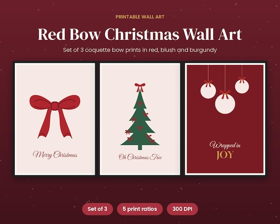 Red Bow Christmas Wall Art, Coquette Bow Printable Prints Set of 3, Whimsical Holiday Decor, Burgundy Christmas Poster