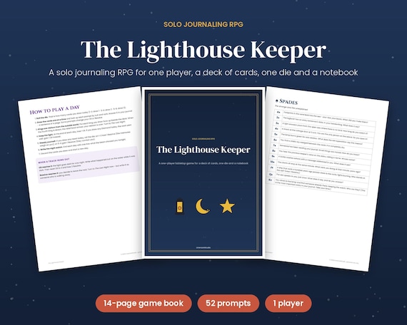 Solo Journaling RPG, The Lighthouse Keeper Printable Game, One Player Tabletop RPG with Cards & d6, Gift for Gamers