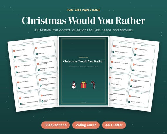 Christmas Would You Rather Game, 100 This or That Questions, Printable Holiday Party Game for Kids, Teens, Family & Youth Group