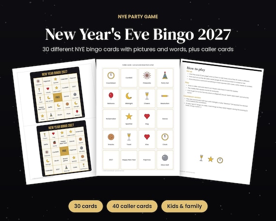 New Years Eve Bingo 2027, 30 Printable NYE Bingo Cards for Family & Kids, New Year Party Game, Countdown Activity