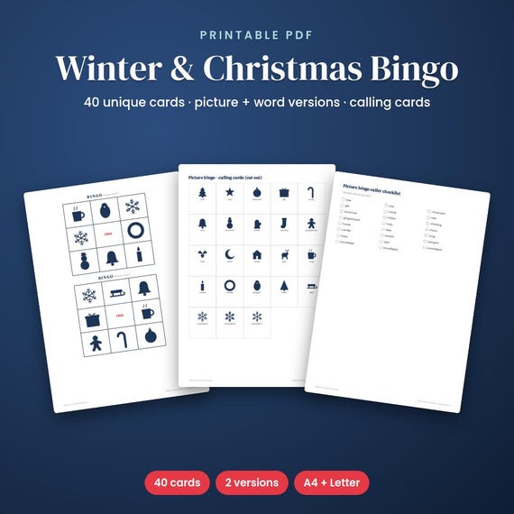 Winter & Christmas Bingo Printable Cards, 40 Unique Designs, Winter Bingo, Printable Bingo Cards, Picture Bingo, Classroom Party Game
