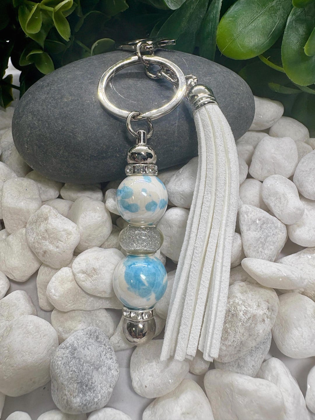 Handmade Ceramic Bead Keychain: White & Light Blue Tassel Purse Charm ...