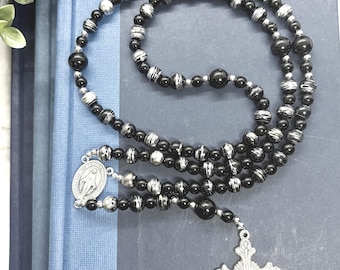 Black & Silver Glass Rosary | Italian Crucifix | Agate Accents