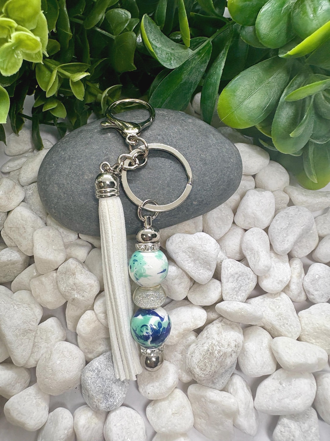 Handmade Blue Green Marble Bead Keychain: Ceramic Tassel Key Ring - Etsy