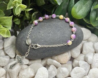 Purple Yellow Glass Rosary Bracelet | 6mm Spun Glass Beads with Italian Crucifix