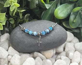 Blue Agate Cross Bracelet | Adjustable Bolo | Stainless Steel | Christian Gift | Tarnish Resistant