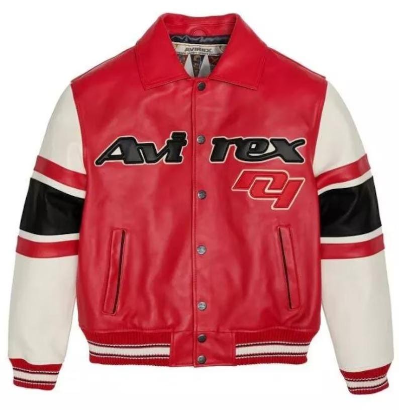 本日限定価格！AVIREX レザーボンバージャケット アビレックス限定版レザーボンバージャケット：レッド＆ホワイトシティ