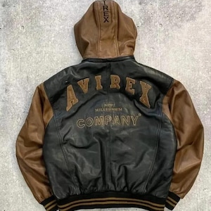 AVIREX USA ICON hooded jacket genuine cowhide leather black brown Avirex bomber jacket embroidered, Gift For Him, Gift For Husband, Gift