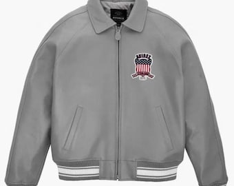 AVIREX USA Edition Gray Leather Bomber Jacket - Men's Military Style