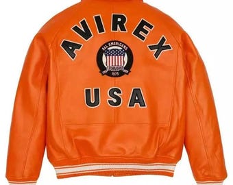 AVIREX USA Edition Bomberjacke aus orangefarbenem Leder: Herren im Military Stil