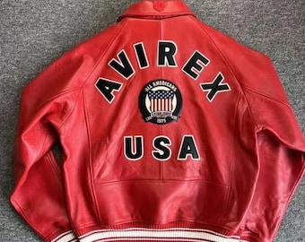 Czerwona skórzana kurtka bomberka AVIREX – edycja amerykańska, styl wojskowy