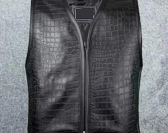 Men's Alligator Embossed Leather Biker Vest: Black Motorcycle Club Style
