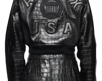 Chaqueta bomber Avirex de cuero negro hecha a mano para mujer