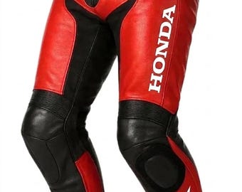 Pantaloni da corsa in pelle Honda da uomo, pantaloni da moto in pelle bovina rossi e neri, pantaloni da pista da motociclista
