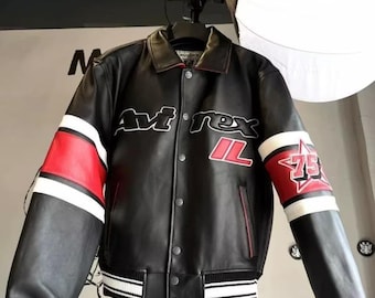 Chaqueta bomber de cuero negra AVIREX USA - Edición Ícono Militar