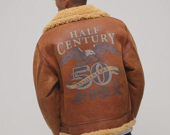 AVIREX 50th Anniversary B-3 Bomber Jacket, Custom Unisex Flight Coat with Shearling Lining