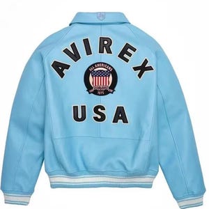 AVIREX USA Edition Icon Jacket In Sky Blue Color, Military Bomber Jacket, Men&#39;s Bomber Jacket, Original Leather Jacket For Him, Gift For Him