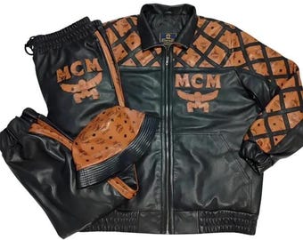 MCM Leather Moto Suit with Hat: Black & Brown Biker Set