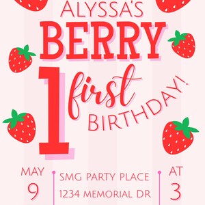 Berry First Birthday Invitation Girl | Editable Strawberry Theme 1st Birthday Invite | Pink Summer One Party Template | Instant Download