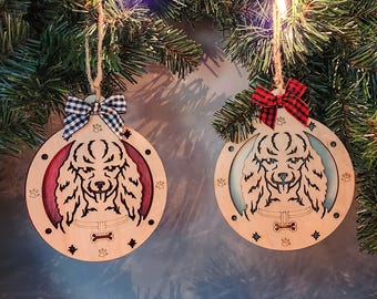 Poodle Christmas Ornament, Layered Wood Dog Decoration, Laser Engraved Poodle Lover Gift, Red or White
