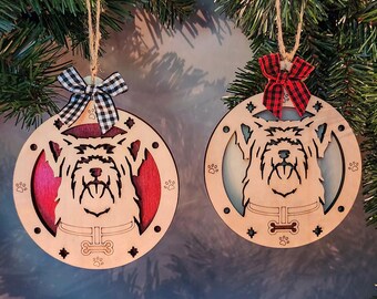 Yorkshire Terrier Christmas Ornament, Layered Wood Dog Decoration, Laser Engraved Yorkie Lover Gift, Red or White