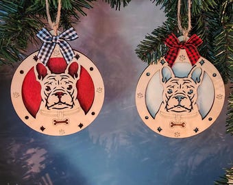 Ornement de Noël en bois stratifié représentant un bouledogue français, gravure laser, cadeau idéal pour les amoureux des chiens