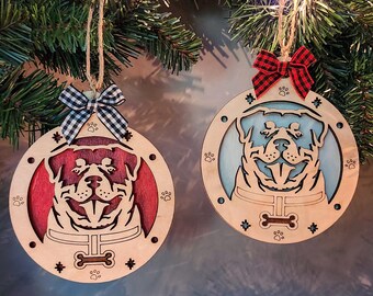 Rottweiler Christmas Ornament, Layered Wood Dog Decoration, Laser Engraved Rottie Lover Gift, Red or White