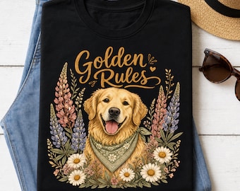T-shirt « Golden Retriever Rules », cadeau vintage pour les maîtres et les papas de chiens, t-shirt humoristique pour les amoureux des animaux.
