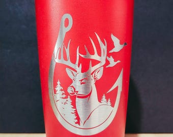 Hunting Fishing Tumbler | Elk, Duck & Hook Engraved Travel Mug | Outdoorsman Gift | Personalized Wildlife Drinkware