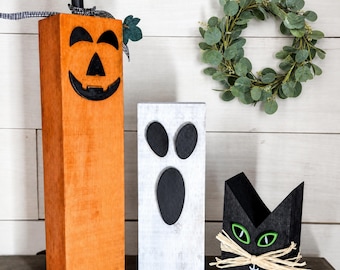 Trio de blocs de bois peints à la main pour Halloween, chat fantôme citrouille, décoration rustique de ferme