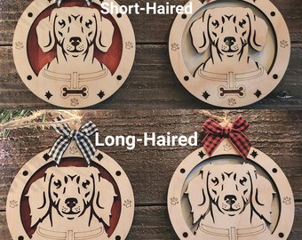 Dachshund Christmas Ornament, Layered Wood Dog Decoration, Laser Engraved Doxie Lover Gift, Red or White