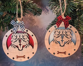 Bulldog Christmas Ornament, Layered Wood Dog Decoration, Laser Engraved Bulldog Lover Gift, Red or White