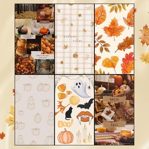 May include: A collage of autumn-themed illustrations and patterns. Includes images of pumpkins, leaves, candles, and the text "autumn vibes", "hello", and "fall". The color palette features warm tones of orange, brown, and beige.