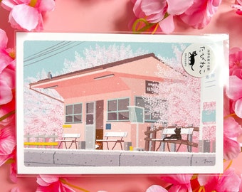 Spring Sakura Tabineko Postcard | Japanese Postcard | Toshinori Mori | Japanese Stationery | Cat Lovers Gift | Neko