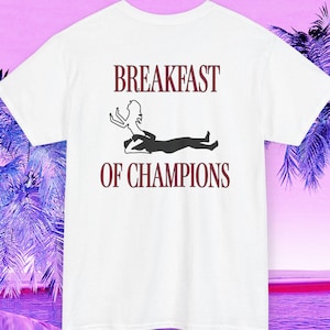Camiseta divertida con estampado en la espalda "Desayuno de Campeones", regalo de broma para parejas, humor ingenioso, camiseta gráfica de moda, atuendo de camisa para adultos con humor ingenioso