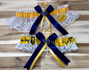 Handmade University of Michigan White and Navy Blue Sport Wedding Garter SET.