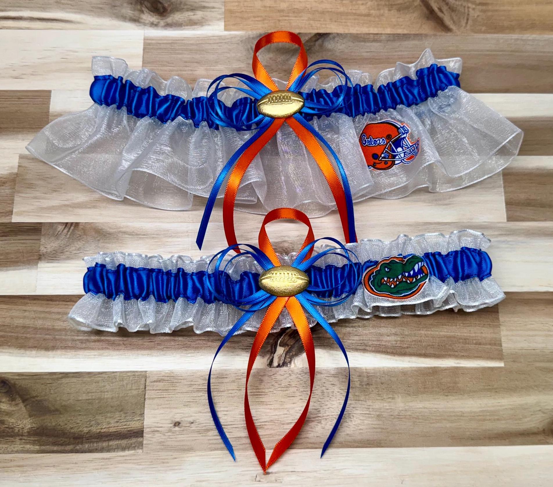 Handmade NFL Florida Gators White Organza Royal Satin, Wedding Garters Set. 