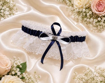 Einzelne Navy Blau & Weiß Strumpfband, Satinband Spitze Braut Strumpfband, Abschlussball Strumpfband, kundenspezifische Größe vorhanden